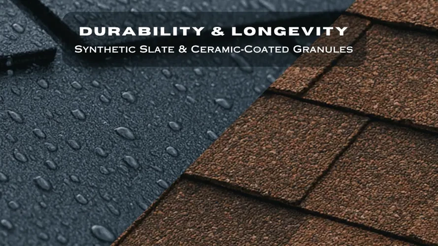 Durability & Longevity<br> Synthetic Slate and Ceramic?Coated Granules